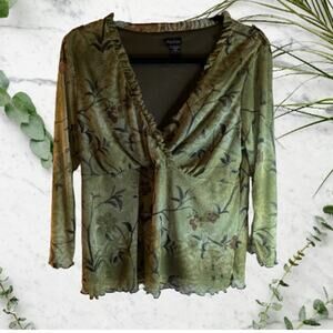 Assoluto XL 3/4 sleeve green polyester lined floral v-neck woman's casual blouse
